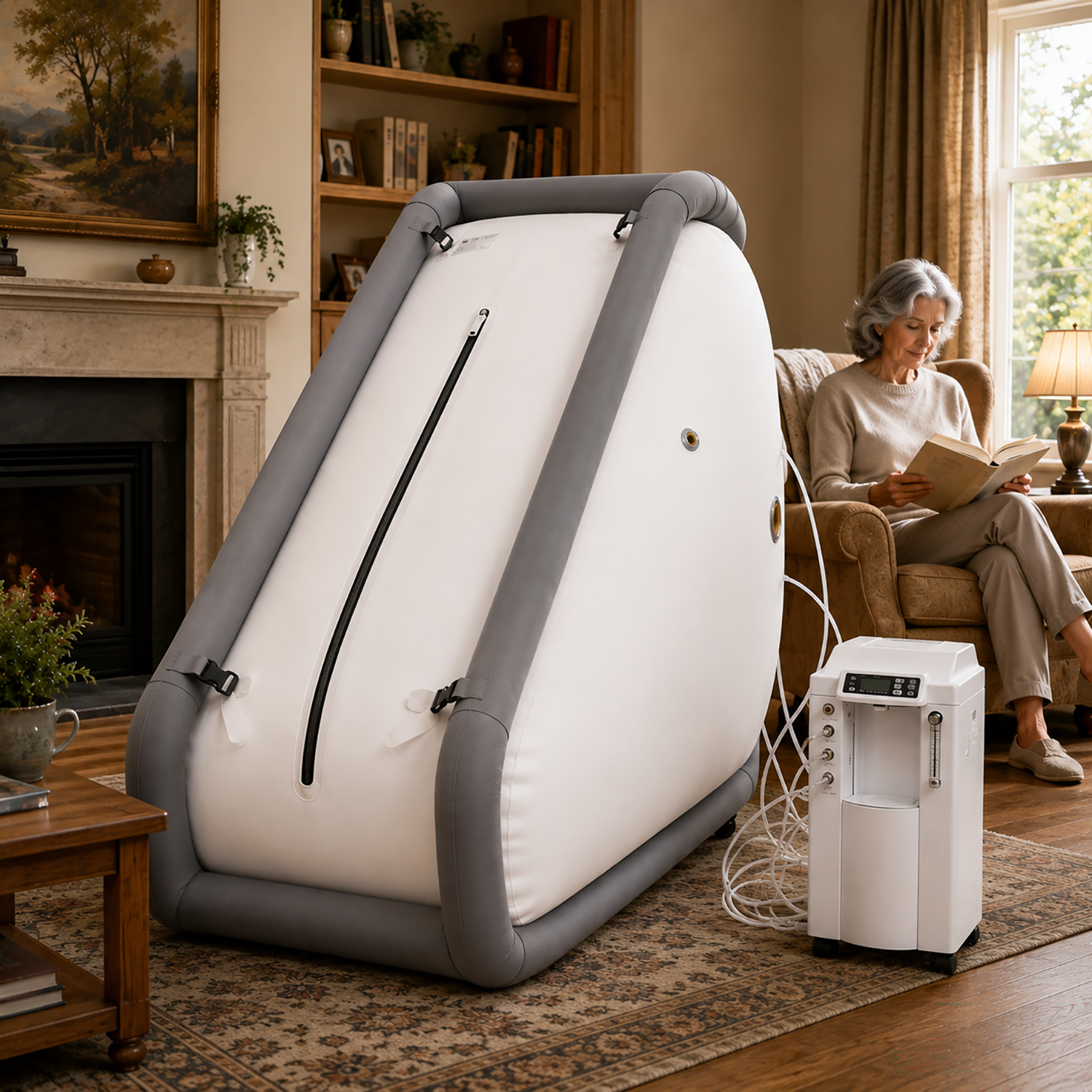 Woman Pro sitting hyperbaric oxygen chamber